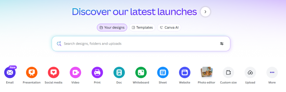 Canva dashboard: Discover latest launches and tools