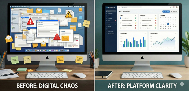 Before digital chaos and after platform clarity.