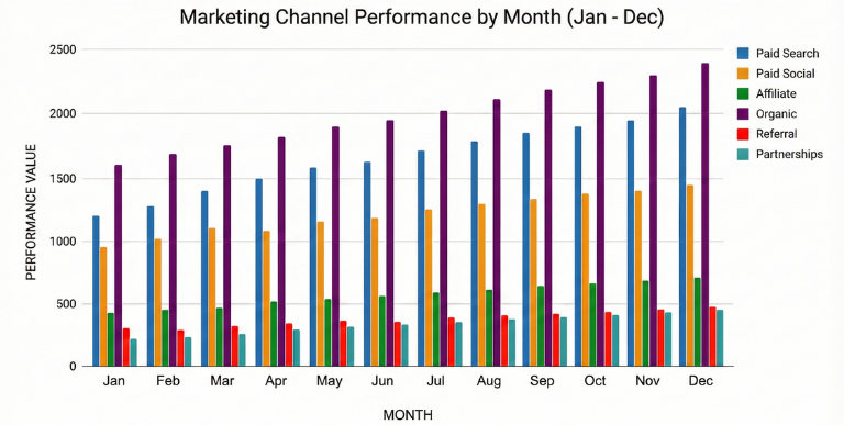 Marketing channel performance by month Jan - Dec.