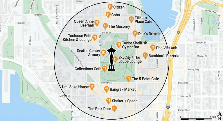 Map with circle around specified area.