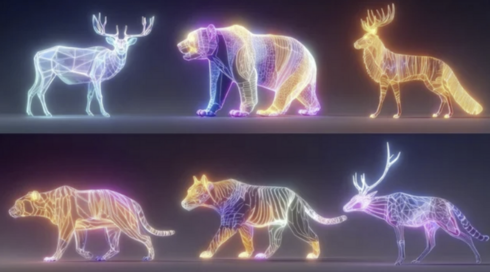 Glowing Neon Wireframe Animals: Deer, Bear, Tiger, and Fox Art.