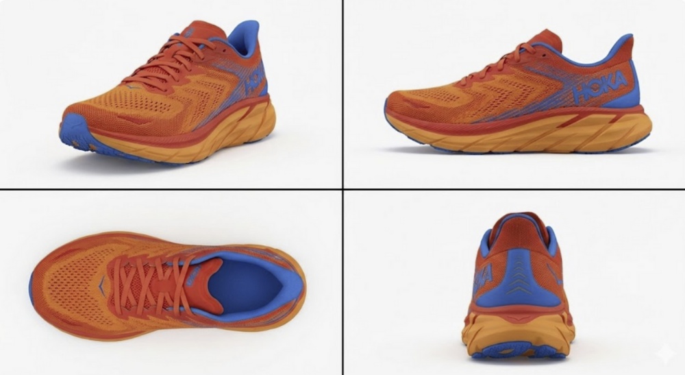 HOKA Running Shoes in Orange and Blue, Four-Angle Product Views