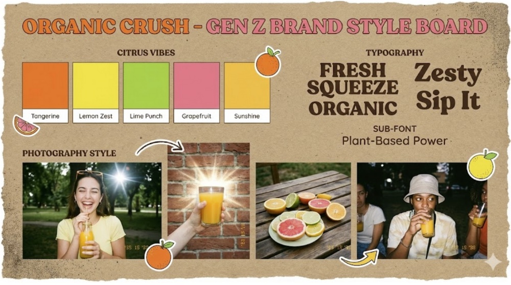 Organic Crush Gen Z Brand Style Board with Citrus Vibes and Zesty Typography.