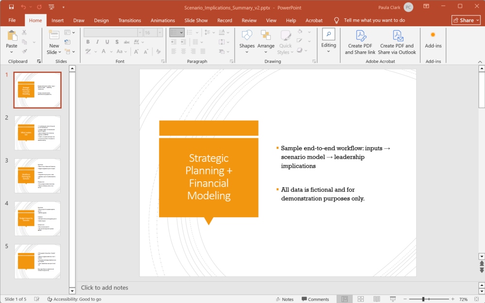 PowerPoint presentation thumbnail pane showing scenario implications slides