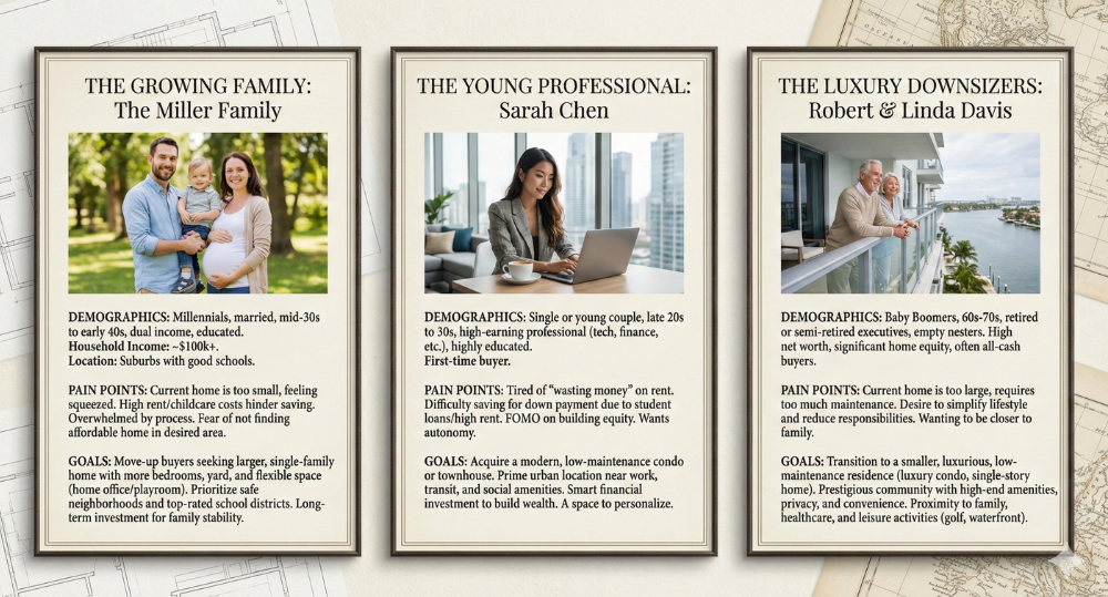 Real Estate Buyer Personas: Growing Family, Young Professional, Luxury Downsizers.
