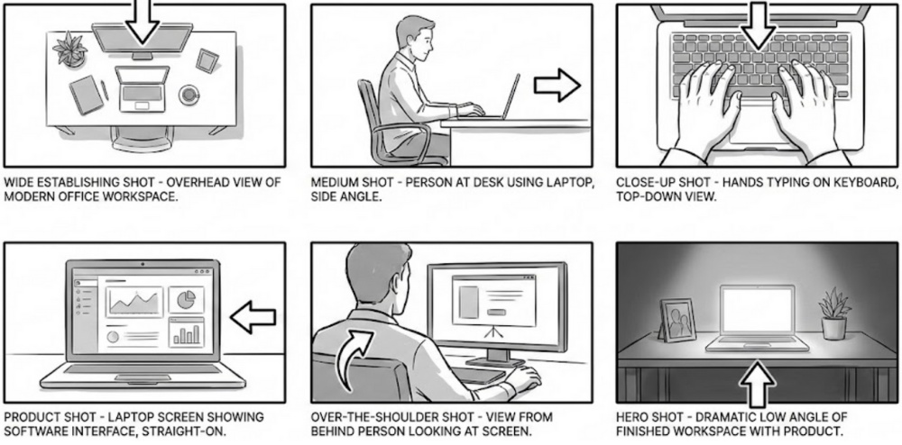 Storyboard: Camera Angles for Office Laptop Product Video