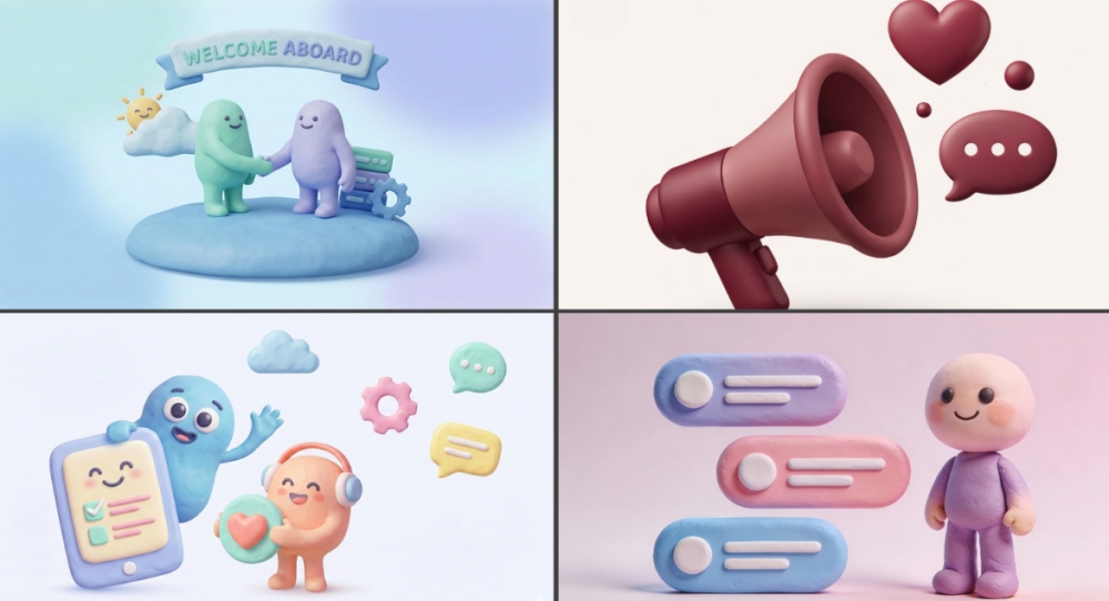 Cute 3D characters welcoming new users with chat and hearts