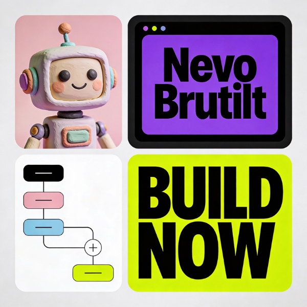 Cute robot with Nevo Brutalit logo and bold Build Now flowchart