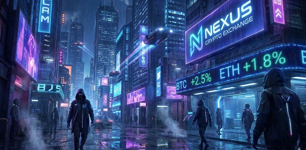 Cyberpunk city street at night with Nexus Crypto Exchange neon signs