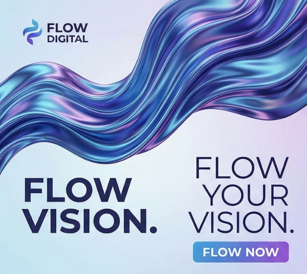 Flow Digital logo with flowing blue waves and "Flow Your Vision" slogan