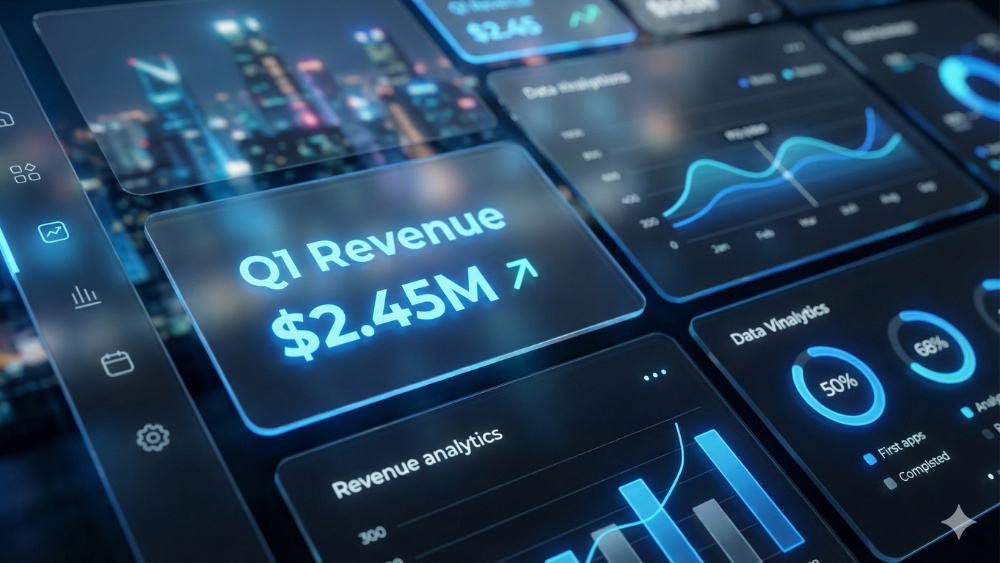 Futuristic dashboard with Q1 revenue analytics and data visualizations