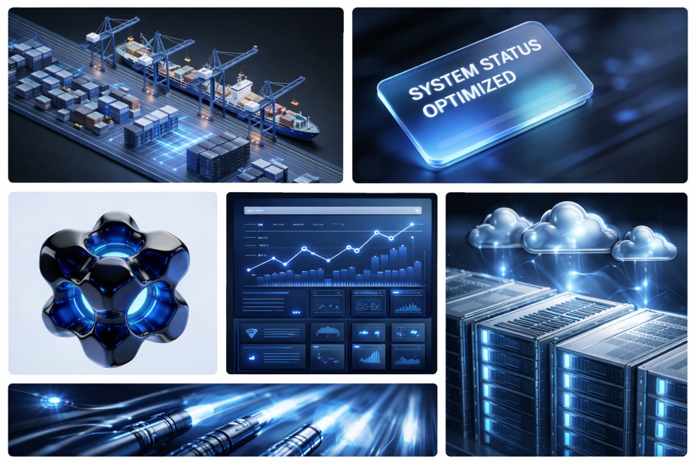 Futuristic supply chain and data center optimization dashboard visuals