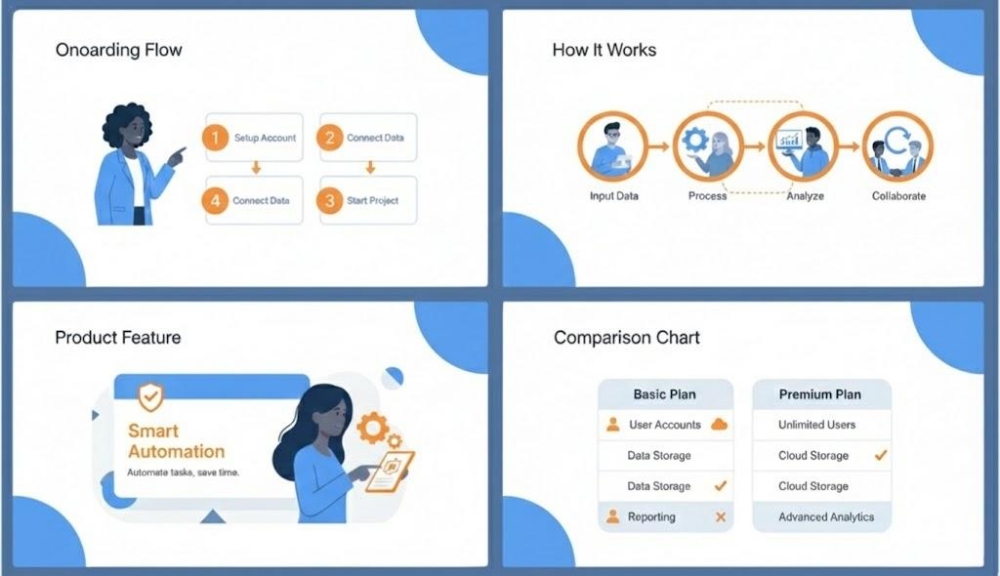 Onboarding flow and product features with comparison chart