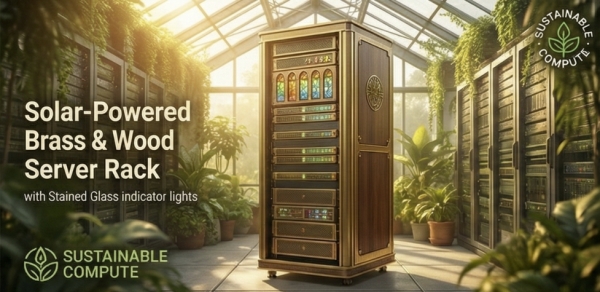 Solar-powered brass and wood server rack with stained glass lights