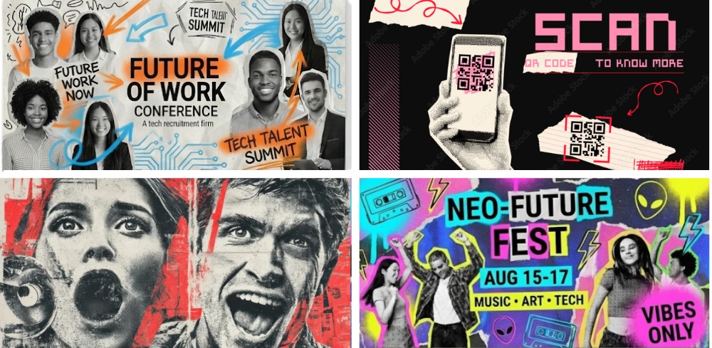 Tech conference posters with diverse talent and neo-future festival vibes