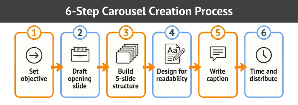 6-step carousel creation process: objective to distribution