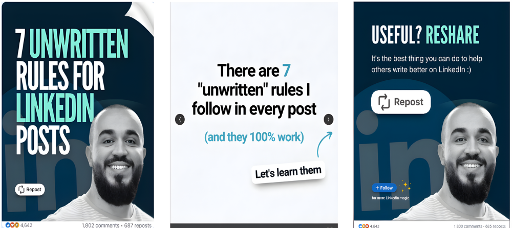7 unwritten LinkedIn post rules carousel with high engagement stats