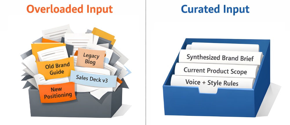 Overloaded vs Curated Input: Cluttered Papers vs Organized Brand Files