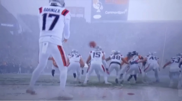 Patriots punter Jake Baringer kicks in heavy snow vs Broncos