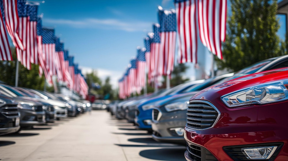 Row of colorful cars at dealership with American flags under blue sky.