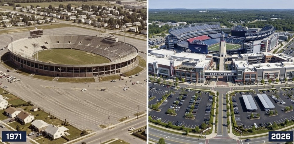Schaefer Stadium 1971 vs Gillette Stadium 2026 aerial comparison