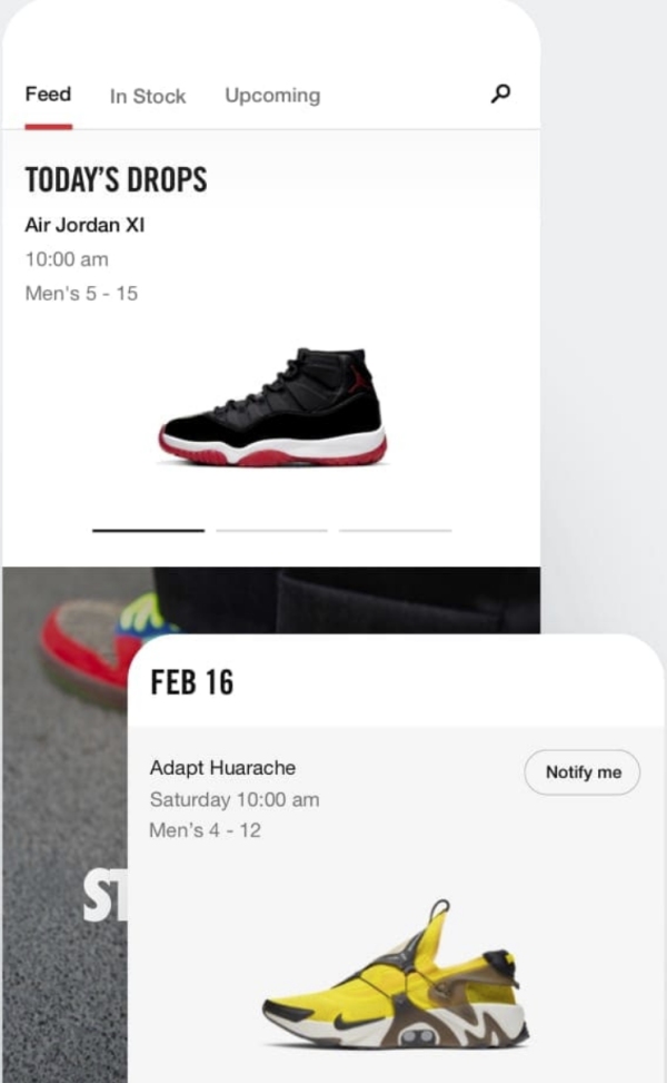 Screenshot of sneaker drops app showing Air Jordan XI and Adapt Huarache.