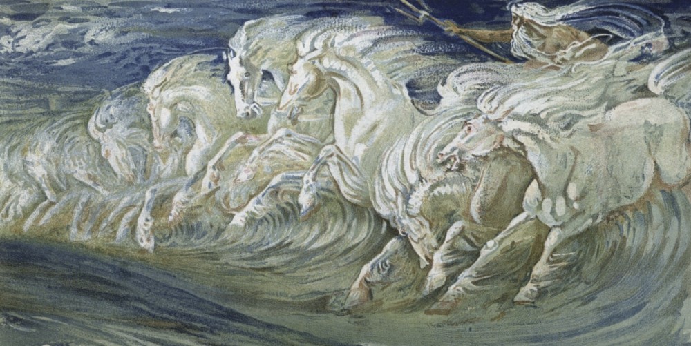 White horses galloping through stormy ocean waves in dramatic painting