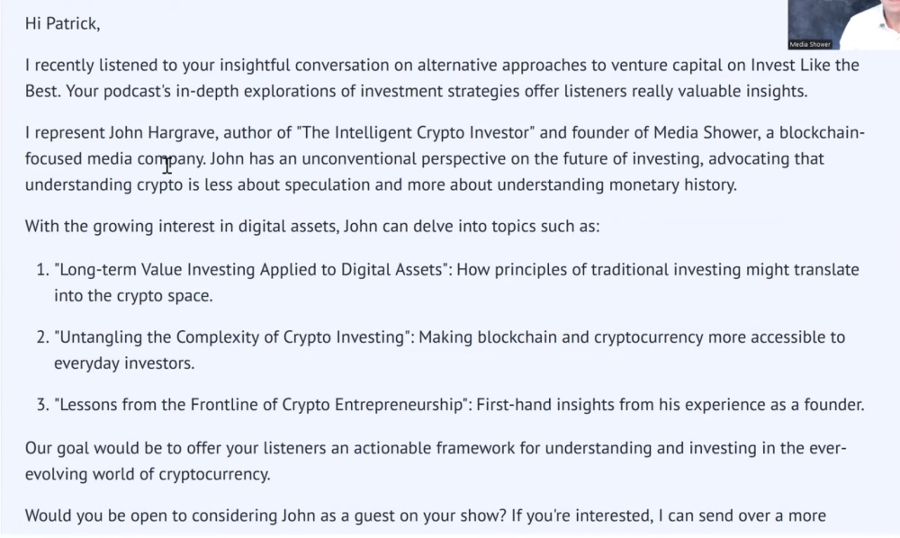 Podcast Guest Pitch Email for John Hargrave on Crypto Investing