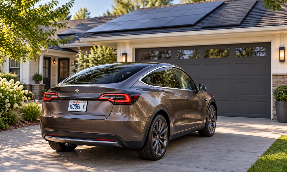 Tesla Model Y parked in front of a home garage.