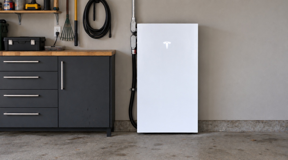 Tesla powerwall in a garage.